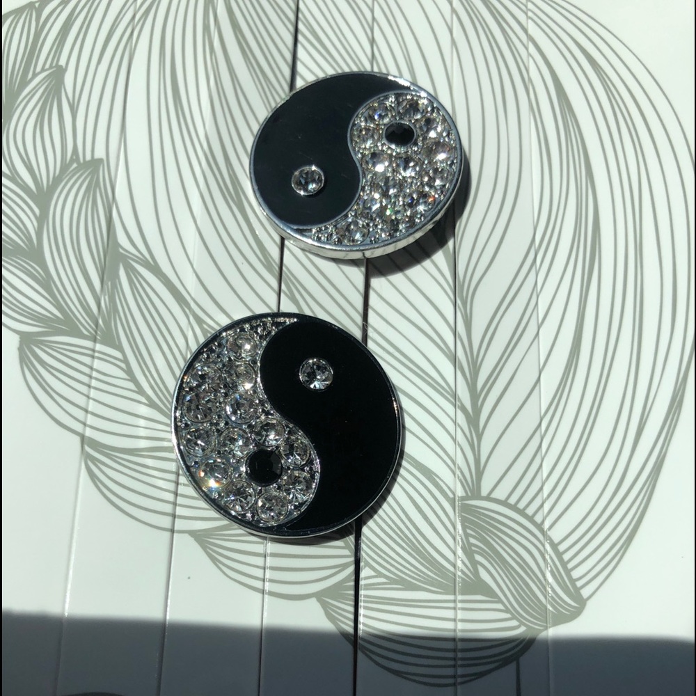 Pretty Yang and Yin hair clips black enamel and silver sparkle boho